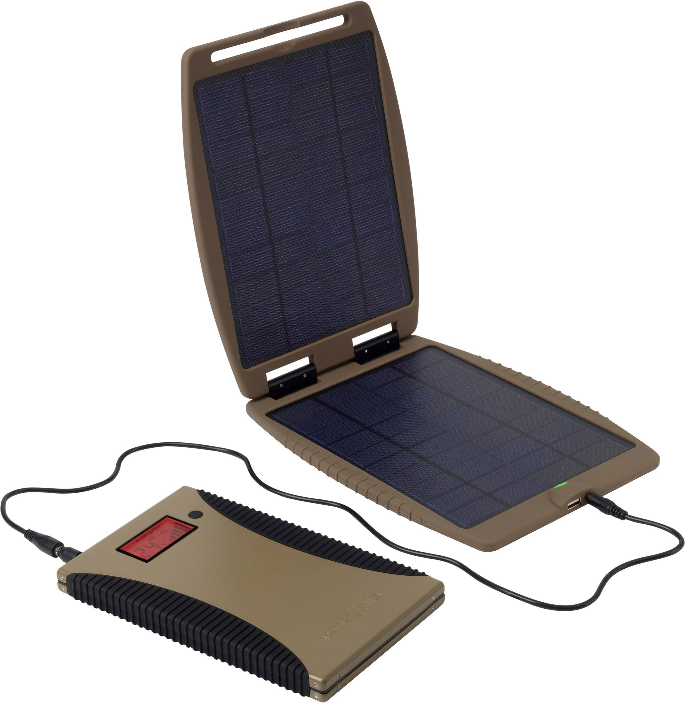 Un chargeur solaire portable avec des panneaux solaires dépliés, connecté à un chargeur. Idéal pour une recharge écologique en déplacement.