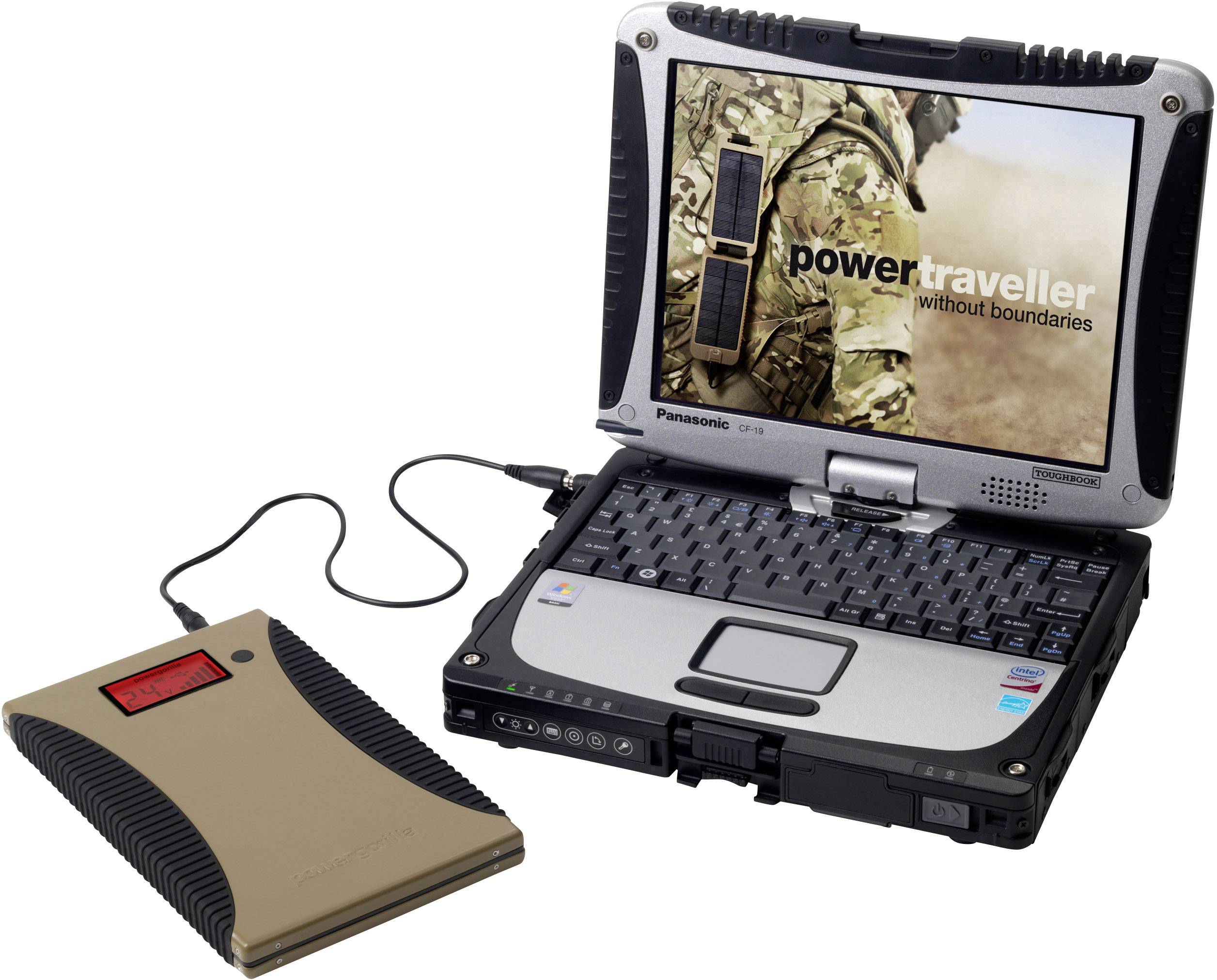 Ordinateur portable robuste de Panasonic avec chargeur externe connecté, l'écran affiche un soldat avec le texte « powertraveller sans frontières ».