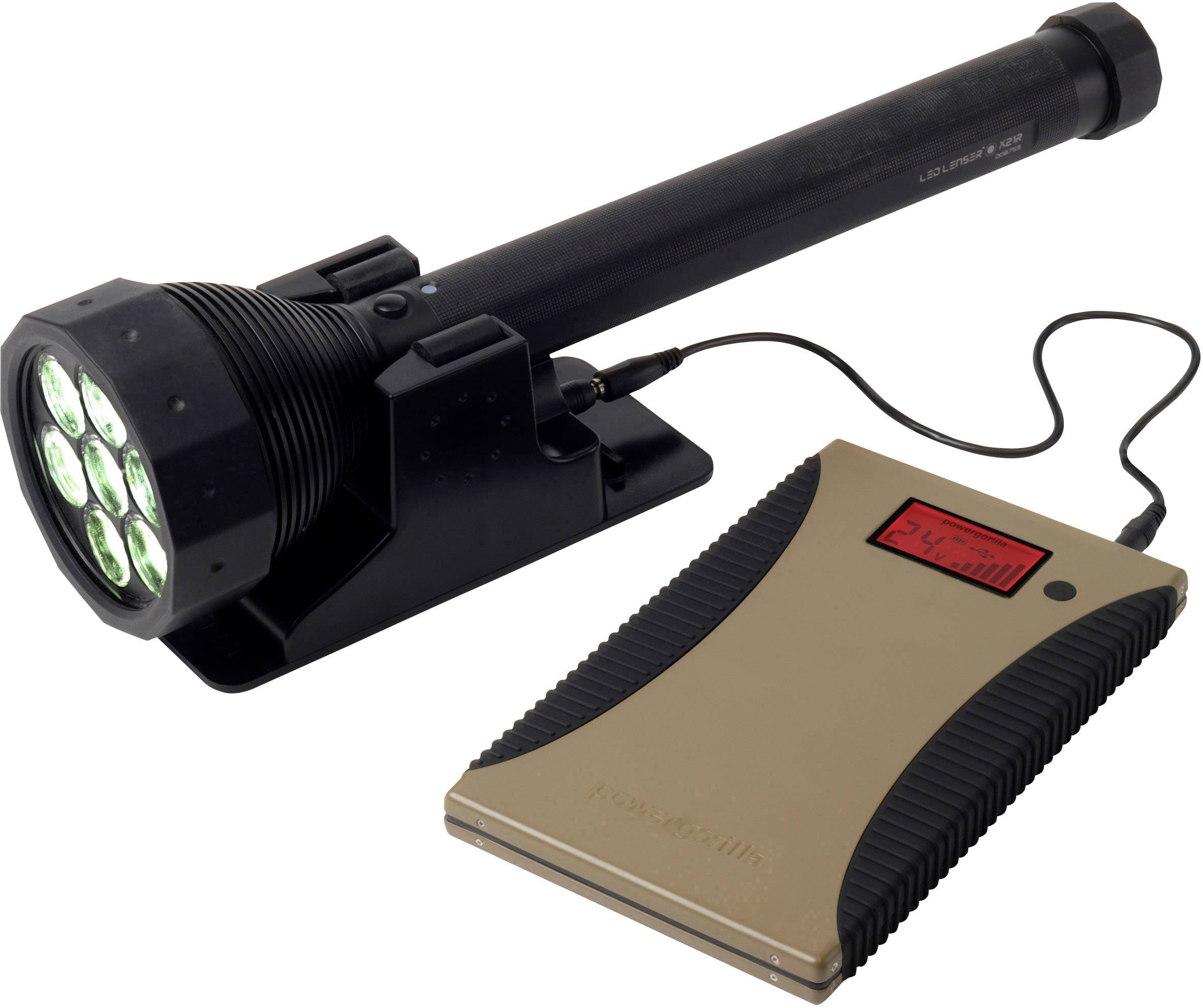 Une lampe de poche noire avec plusieurs lumières LED est connectée à une batterie externe affichant un écran numérique.