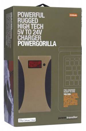 Un emballage portant l'inscription « Powerful rugged high tech charger Powergorilla », montrant une image du chargeur et des informations sur la tension.