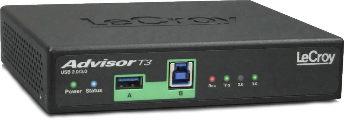 Un appareil électronique noir portant l'inscription 'Advisor T3' avec des ports USB, probablement un analyseur de LeCroy.