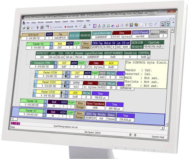 Un écran d'ordinateur affiche un diagramme coloré pour l'analyse de protocole USB avec un aperçu de différents champs de code et de données.