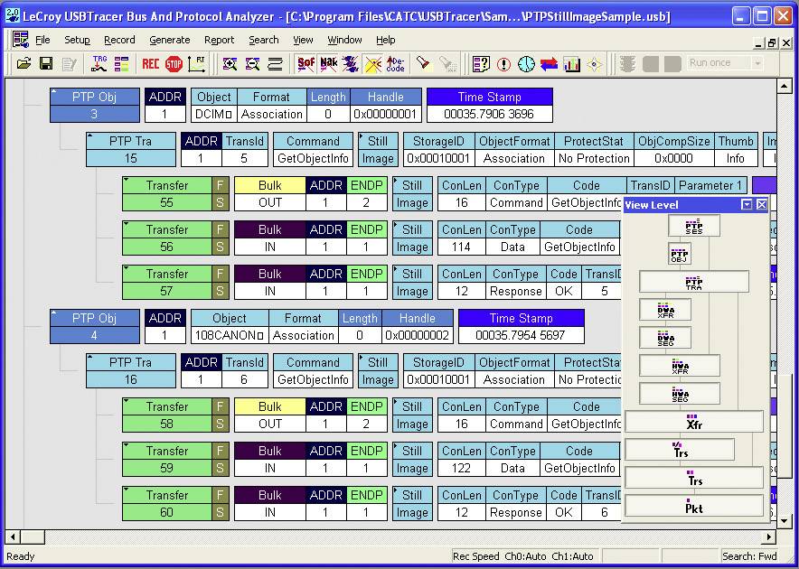 'LeCroy USBTracer Bus et Analyseur de Protocole' affiche une analyse détaillée d'un protocole USB avec des données d'objets, de transferts et de transactions.