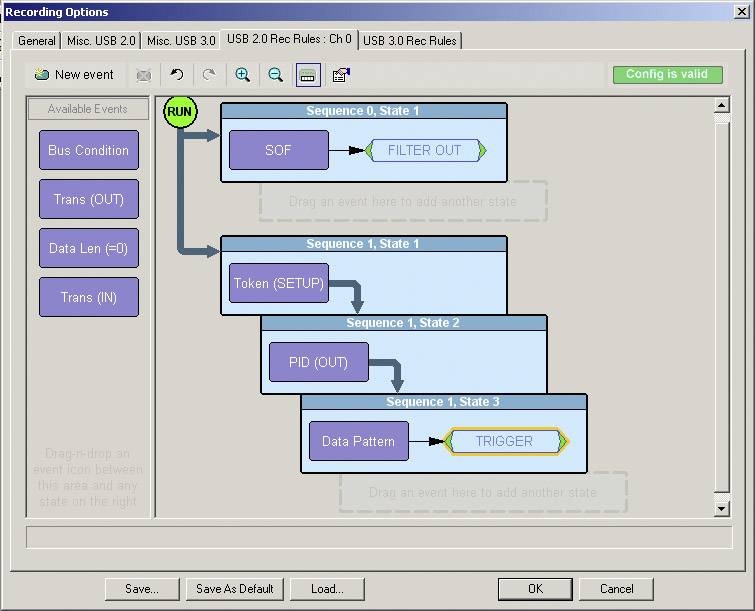 Interface utilisateur pour l'enregistrement d'événements ; comprend des séquences et des états avec les options 'Filtrer' et 'Déclencher' pour le contrôle des motifs de données.