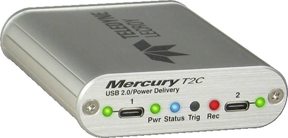 Un outil d'analyse Power Delivery USB 2.0 en argent portant l'inscription 'Mercury T2C', doté de plusieurs indicateurs de statut et de deux ports USB-C.