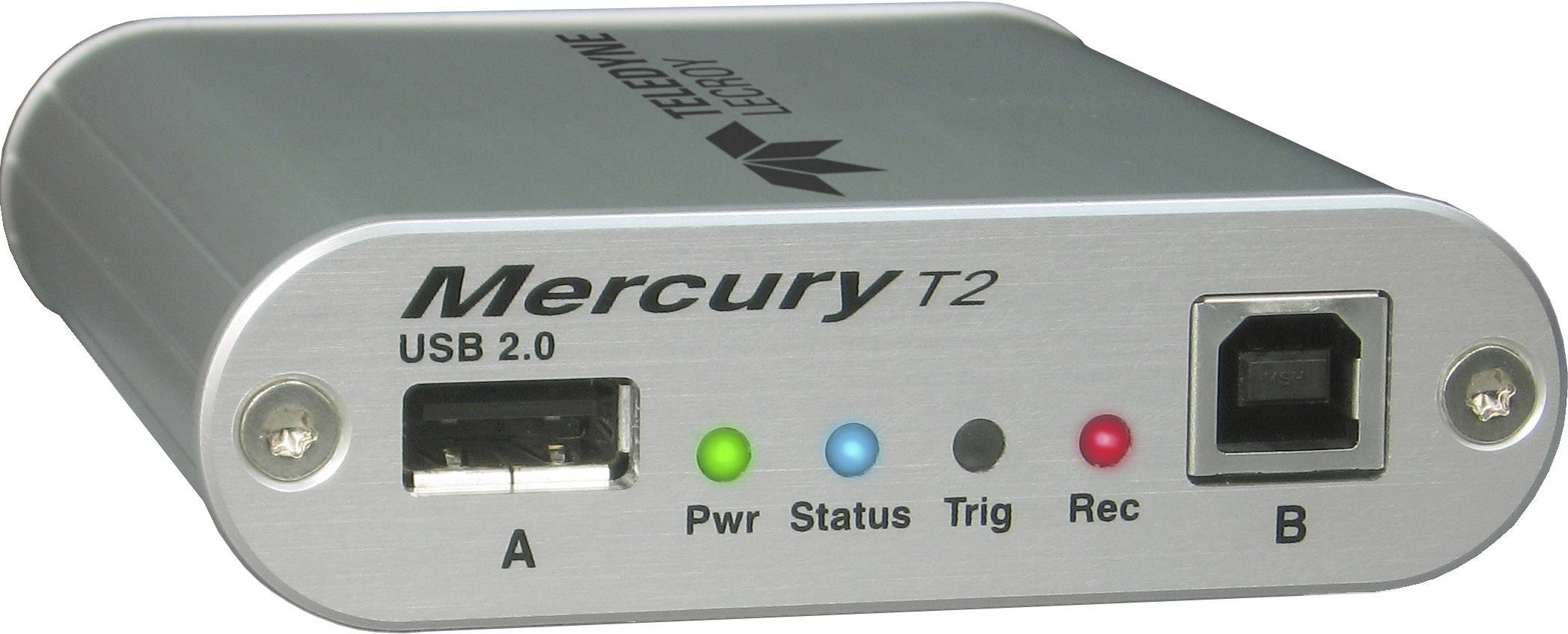 Un périphérique gris USB 2.0 de la marque Teledyne LeCroy avec des ports 'A' et 'B', ainsi que des voyants d'état : vert, bleu et rouge.