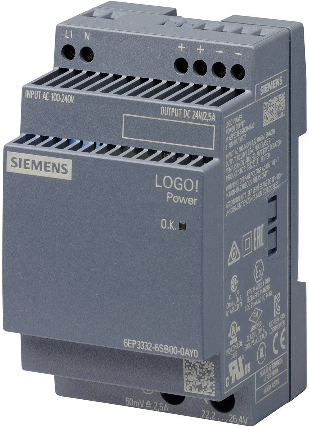 Un bloc d'alimentation Siemens LOGO! pour l'alimentation électrique, avec des entrées de 100-240V AC et des sorties de 24V/2,5A DC.