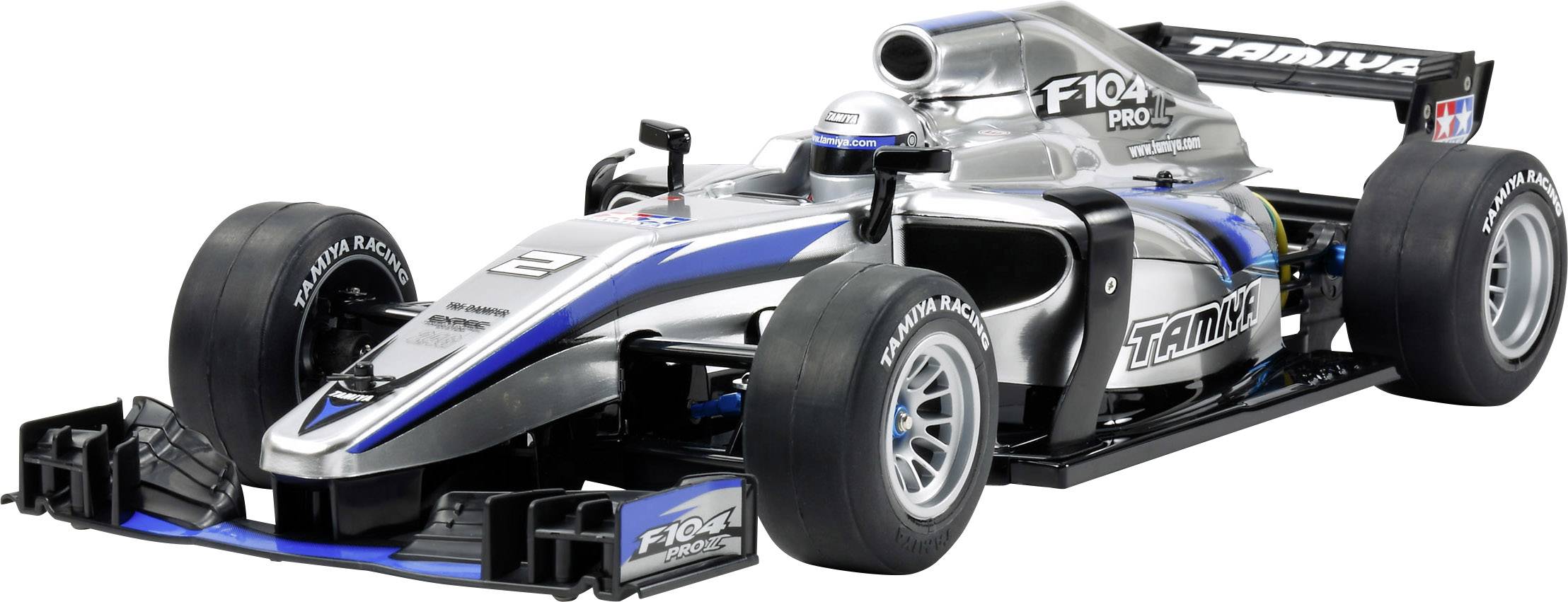 Une voiture de Formule 1 d'argent et de bleu au format modèle, ornée d'autocollants et présentant des détails visibles qui illustrent la vitesse et la précision.