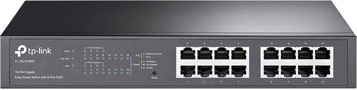 Un commutateur Ethernet 16 ports de TP-Link, modèle TL-SG1016PE, adapté à la gestion simple de réseau.