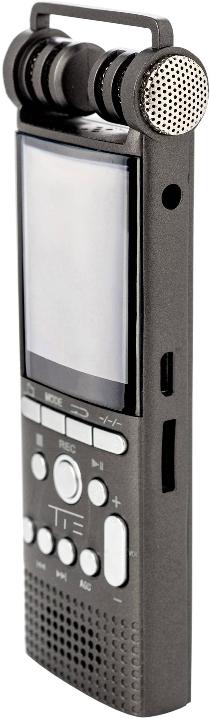 Enregistreur audio portable avec écran latéral et microphones sur le dessus. Adapté pour des enregistrements sonores de haute qualité lors de déplacements.