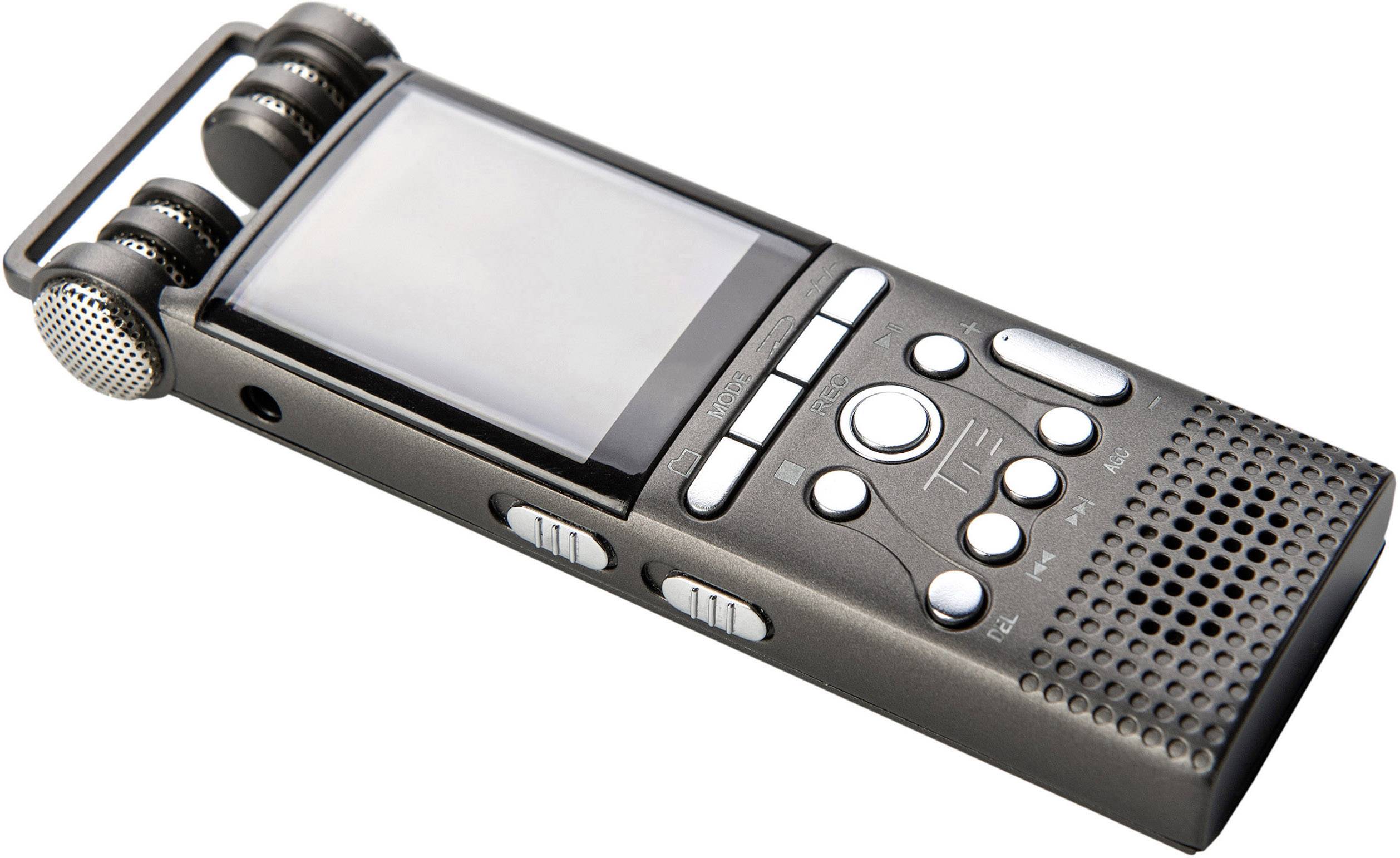 Enregistreur audio numérique portable avec écran et microphones, adapté pour les enregistrements vocaux et les interviews.