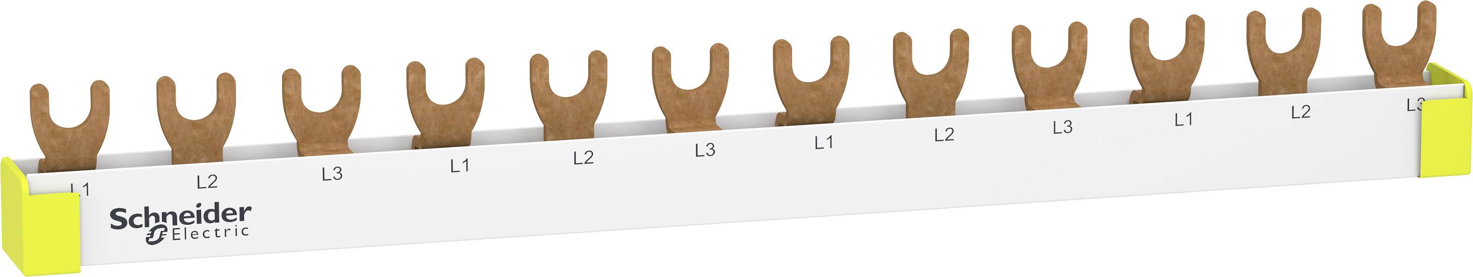 Barre de distribution avec connexions à fourche, compatible avec Hager TLS, repères L1, L2, L3 visibles.