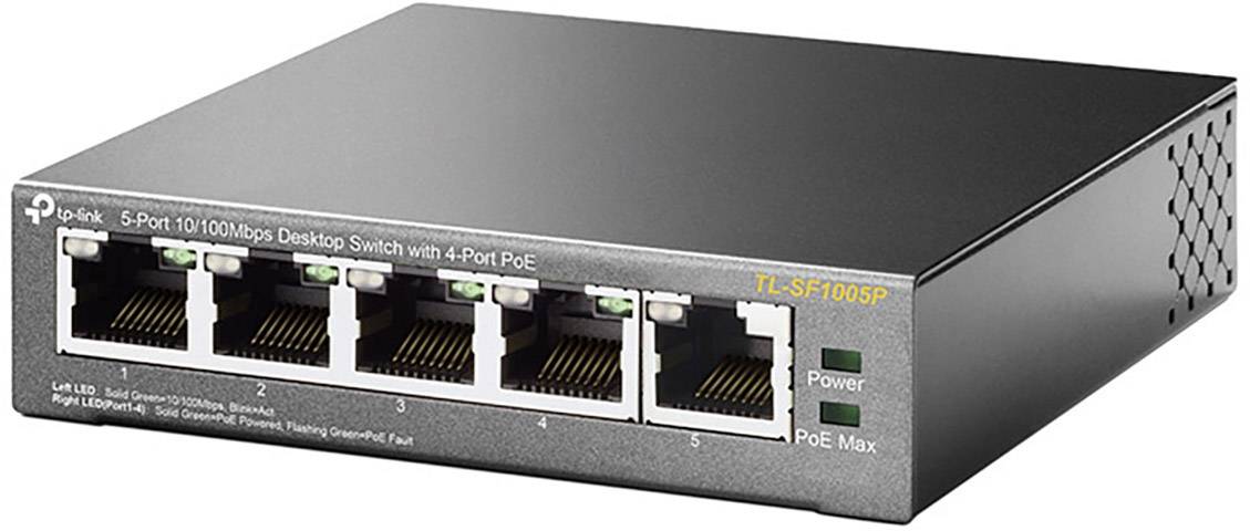 Un commutateur de bureau noir à 5 ports avec ports Ethernet et voyants LED pour l'alimentation et PoE. Modèle : TL-SF1005P de TP-Link.