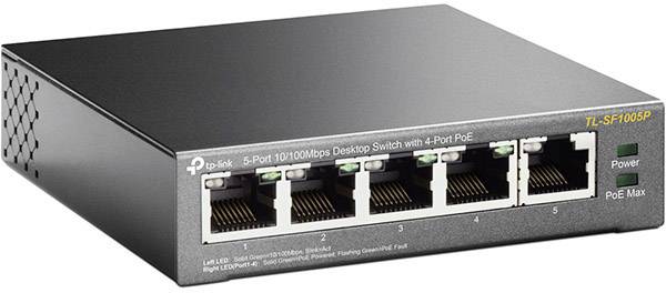 Un commutateur réseau TP-Link avec cinq ports Ethernet, dont quatre prenant en charge PoE, modèle TL-SF1005P.