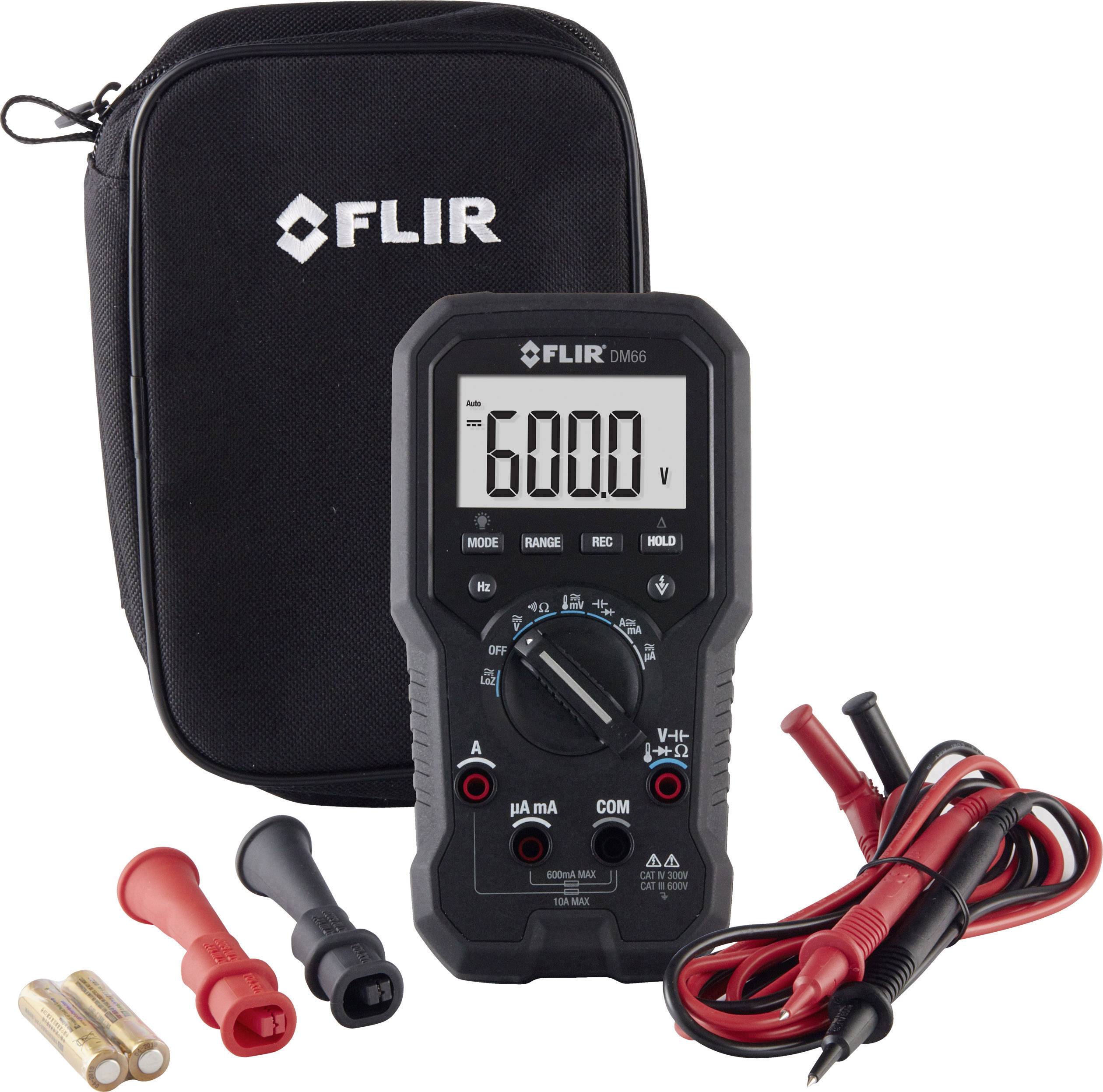 Multimètre avec câbles et sacoche de la marque FLIR. Affiche '6000 V' sur l'écran. Comprend deux sondes et des batteries.