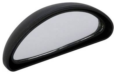 Miroir de voiture noir, semi-circulaire, à surface légèrement inclinée, reflétant la lumière et l'environnement.