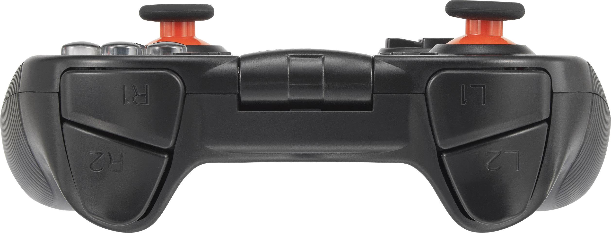Une console de jeu noire avec des joysticks rouges et des touches 'L1', 'L2', 'R1', 'R2' à l'arrière.