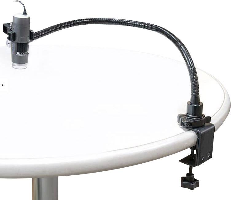 Caméra de microscope fixée à une table avec un bras flexible, destinée à capturer des images détaillées.