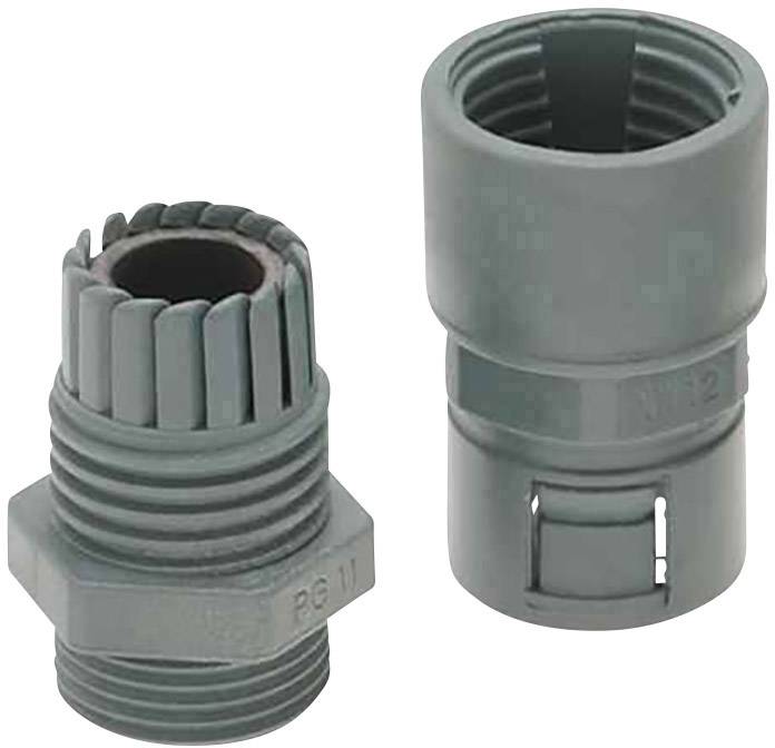 Deux pièces de connexion en plastique gris : celle de gauche avec un filetage intérieur, celle de droite un adaptateur lisse ; convenant pour le montage de câbles.
