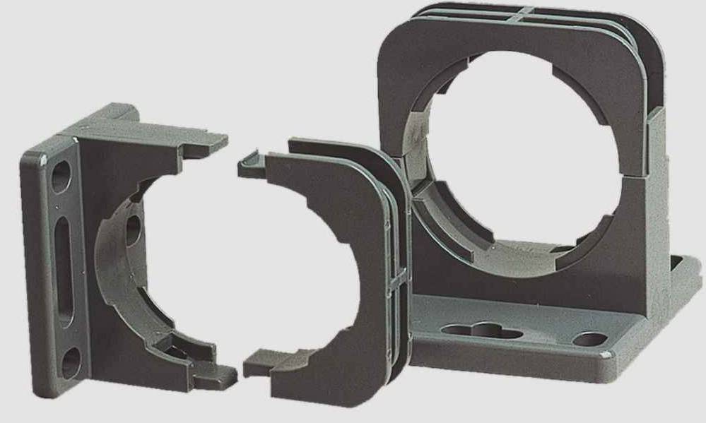 Un ensemble de trois attache-câbles en plastique gris, pouvant être utilisés pour la fixation et le guidage sécurisé des câbles.