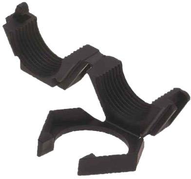 Support noir en plastique moulé avec des clips rainurés pour la fixation de tubes ou de câbles, montrant la pince ouverte.