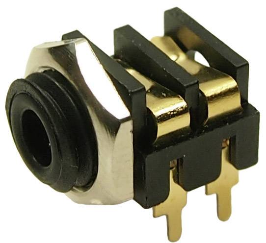 Une prise jack de 3,5 mm avec trois contacts métalliques et un isolant noir. Utilisée pour la transmission de signaux dans les appareils électroniques.