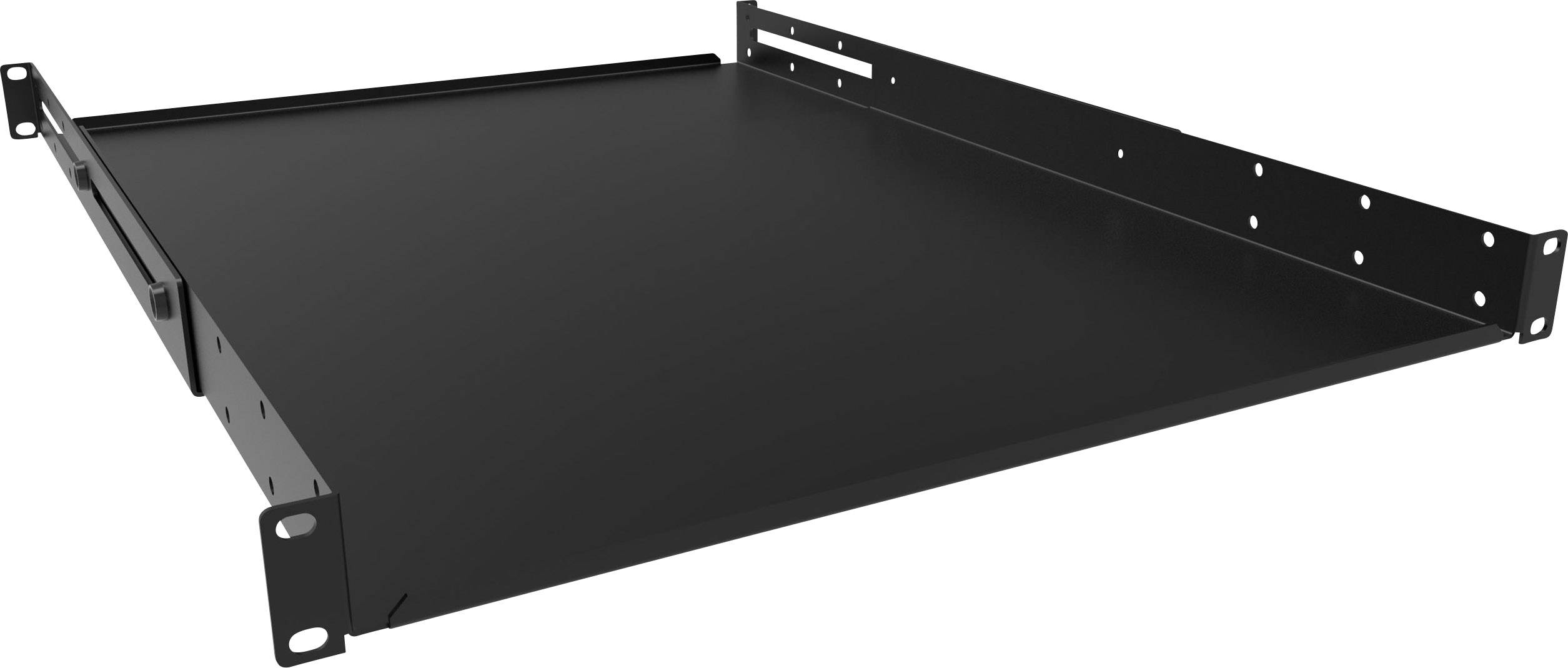 Un casier de rangement rectangulaire noir en métal, légèrement incliné, avec des supports latéraux et plusieurs trous de fixation.