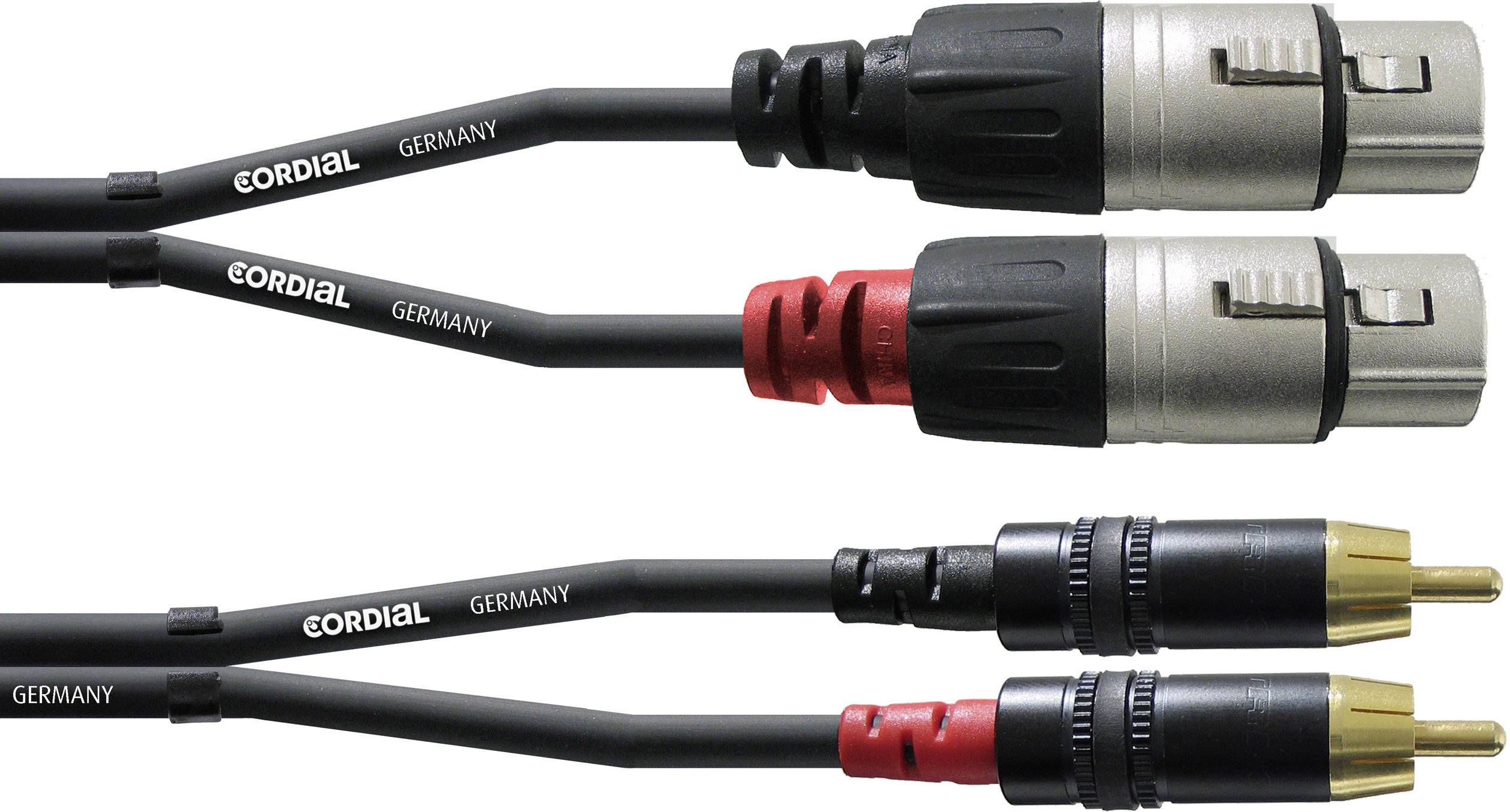Deux câbles audio, avec des connecteurs XLR en haut, et des connecteurs RCA en dessous. Les deux câbles sont étiquetés 'CORDIAL GERMANY'.