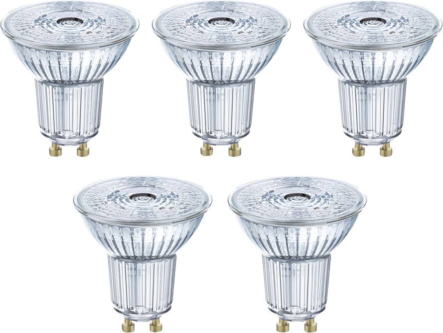 Cinq ampoules LED transparentes disposées en rangée.