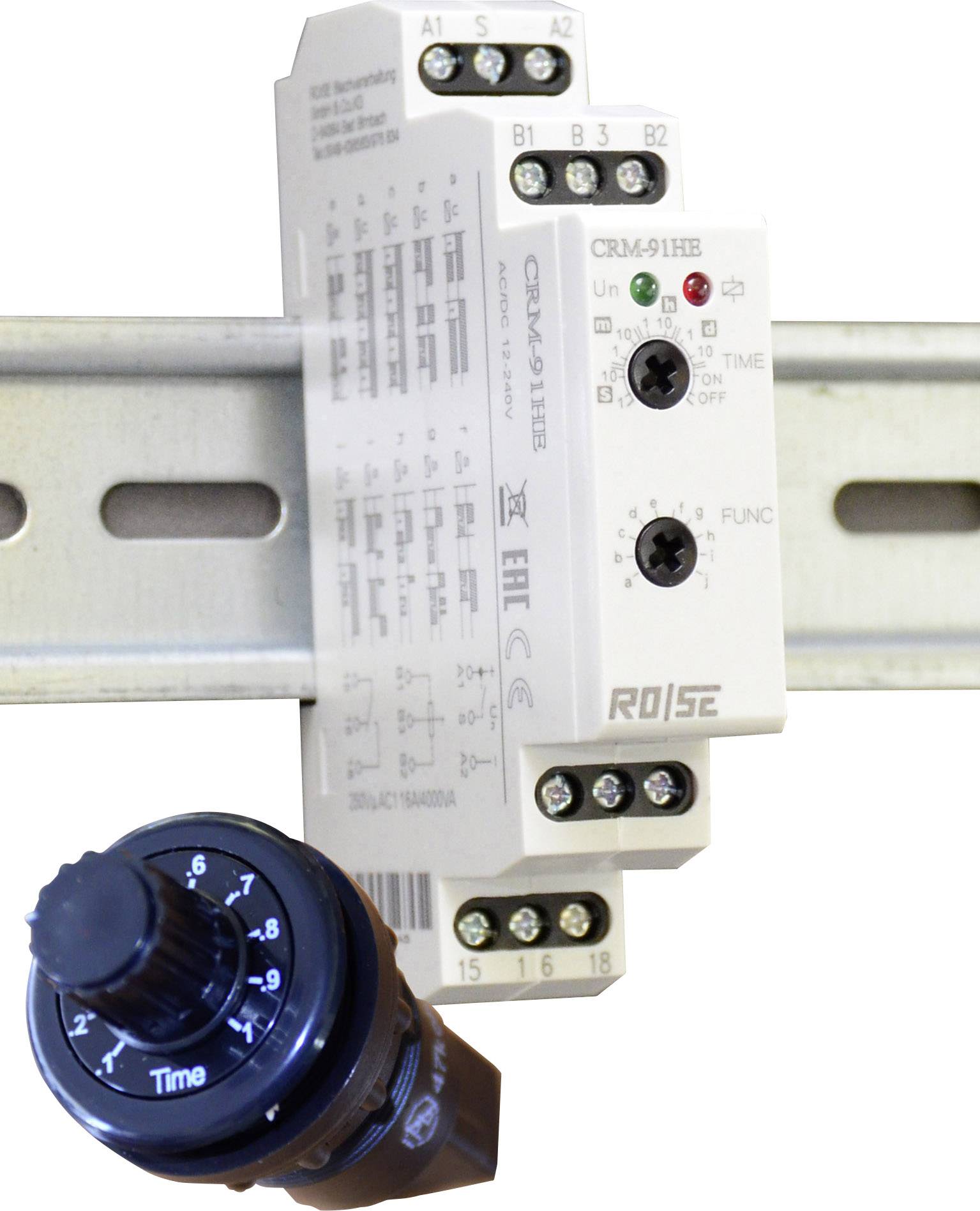 Relais électronique temporisé et potentiomètre pour montage sur rail DIN. Relais avec deux boutons rotatifs pour le réglage du temps et des fonctions.