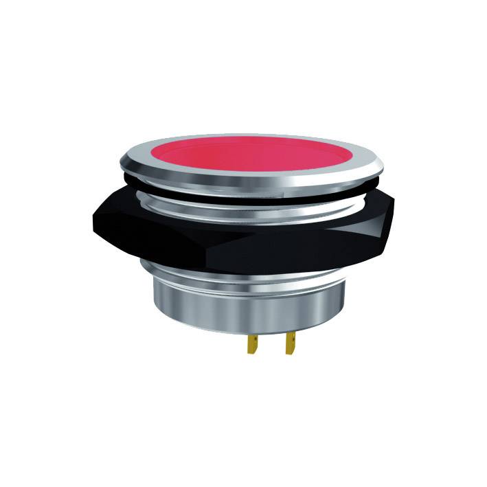 Un bouton-poussoir rond, rouge, avec un bord métallique argenté et un boîtier noir, adapté aux appareils électroniques et aux panneaux de commande.