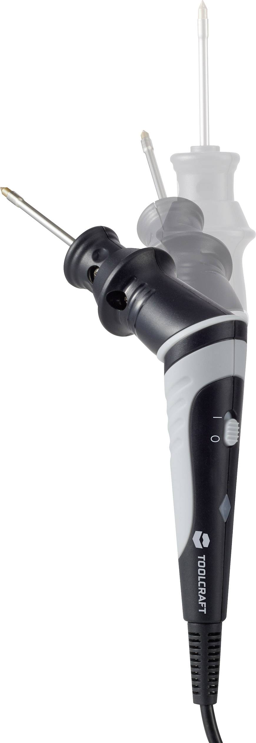 Un fer à souder avec une poignée ergonomique et un réglage de température progressif, représenté dans un mouvement stylisé et légèrement transparent.