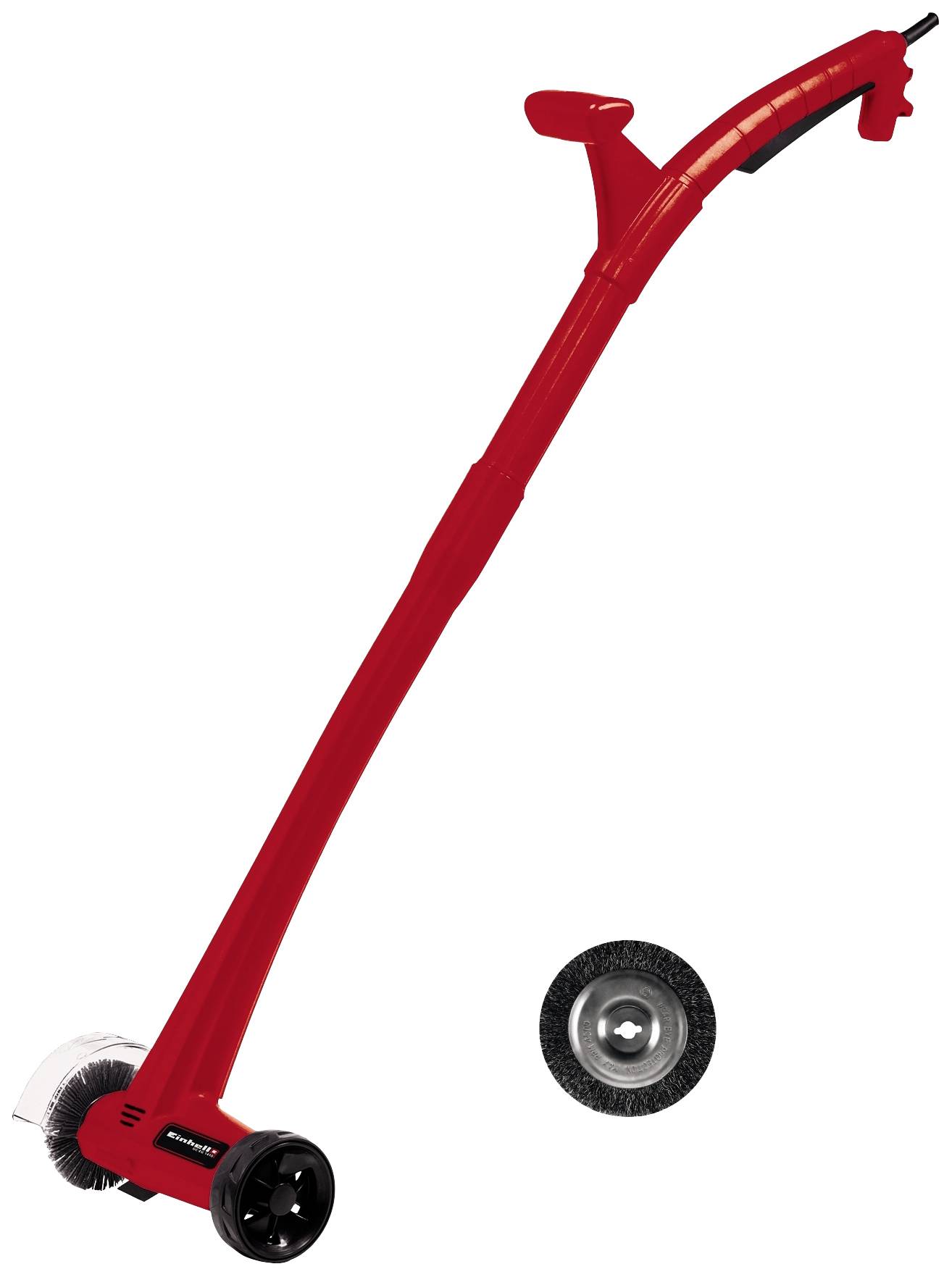 Un nettoyeur de joints électrique rouge avec une tête de brosse rotative pour éliminer les mauvaises herbes. Une brosse de rechange est illustrée à côté.