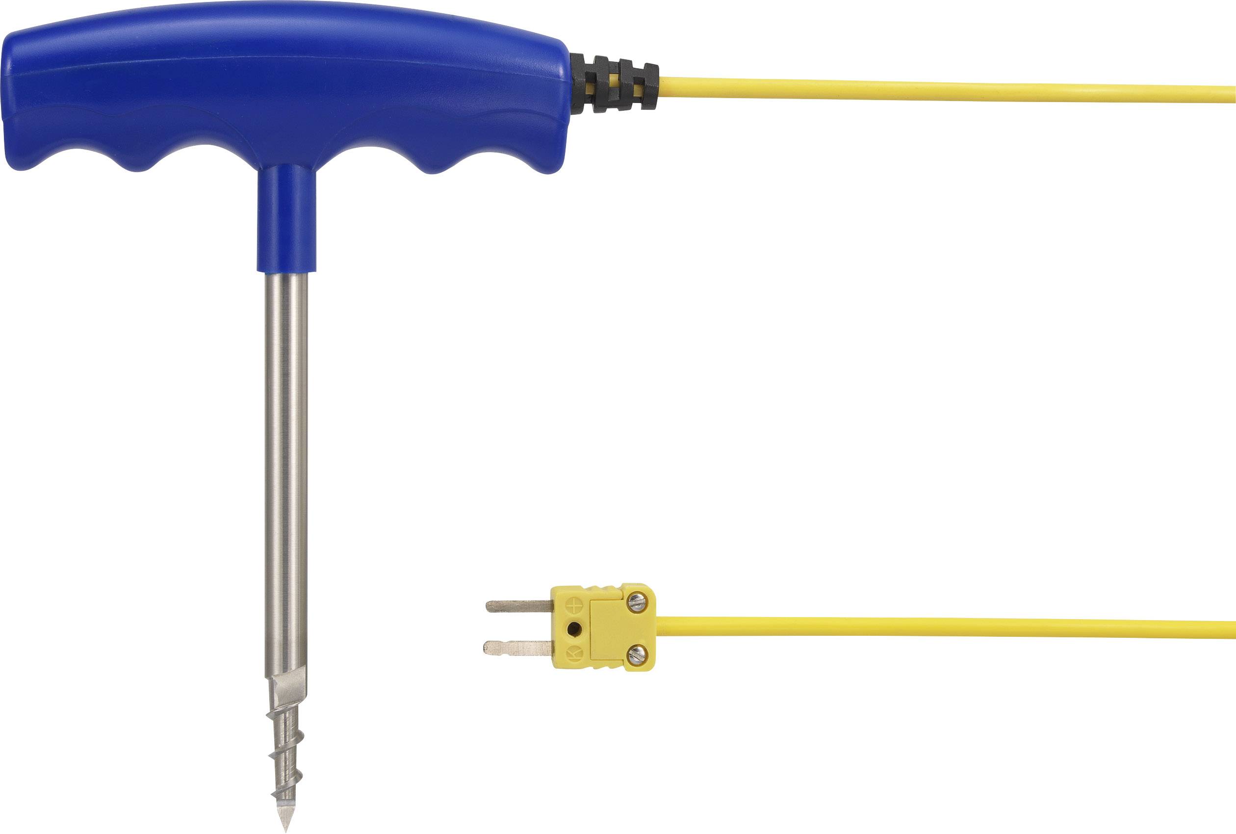 Une poignée bleue avec un stylet métallique intégré et un câble jaune se terminant par une fiche jaune. Outil de mesure de température.
