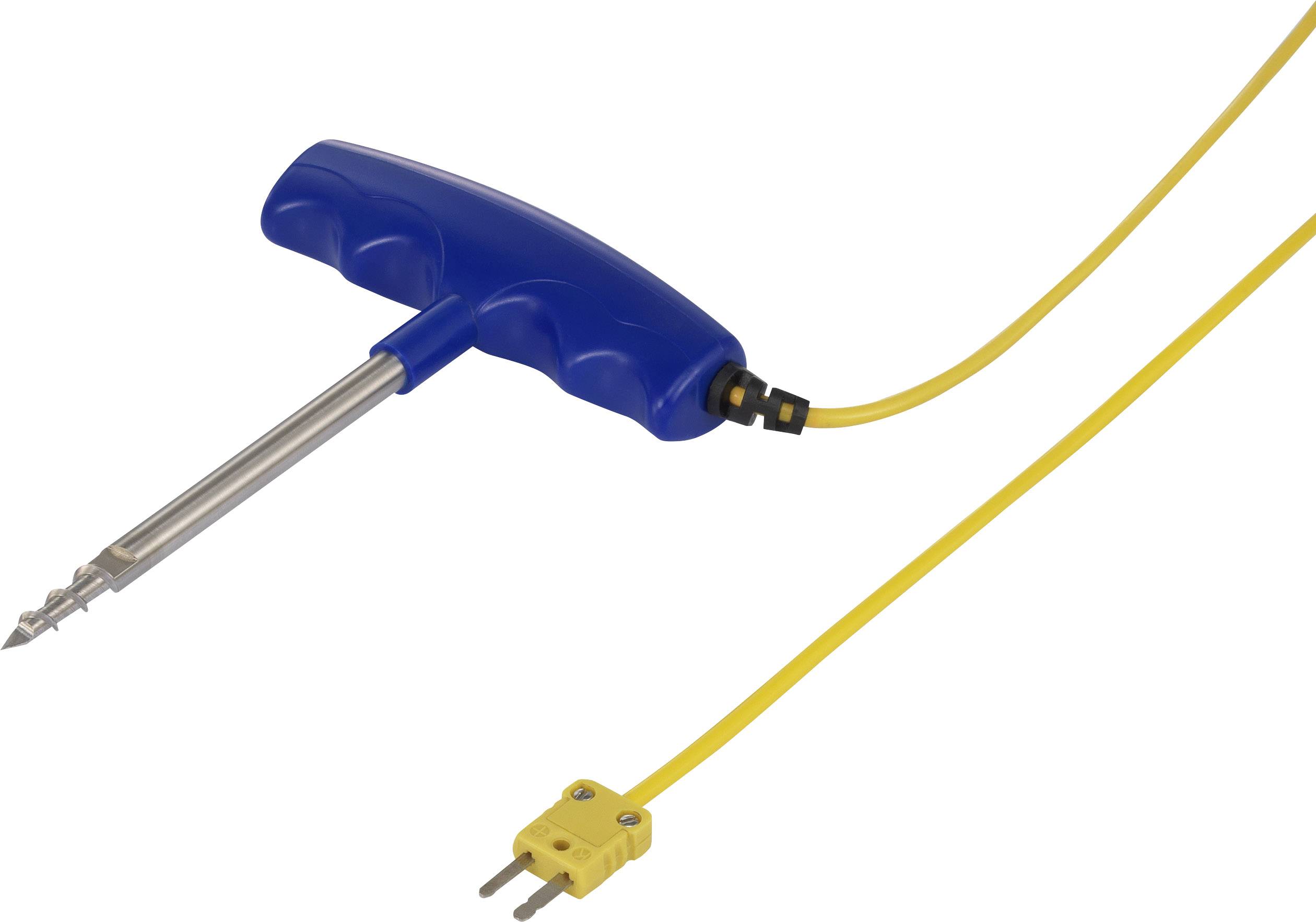 Une poignée bleue avec un embout métallique est connectée à un câble jaune muni d'une fiche jaune.