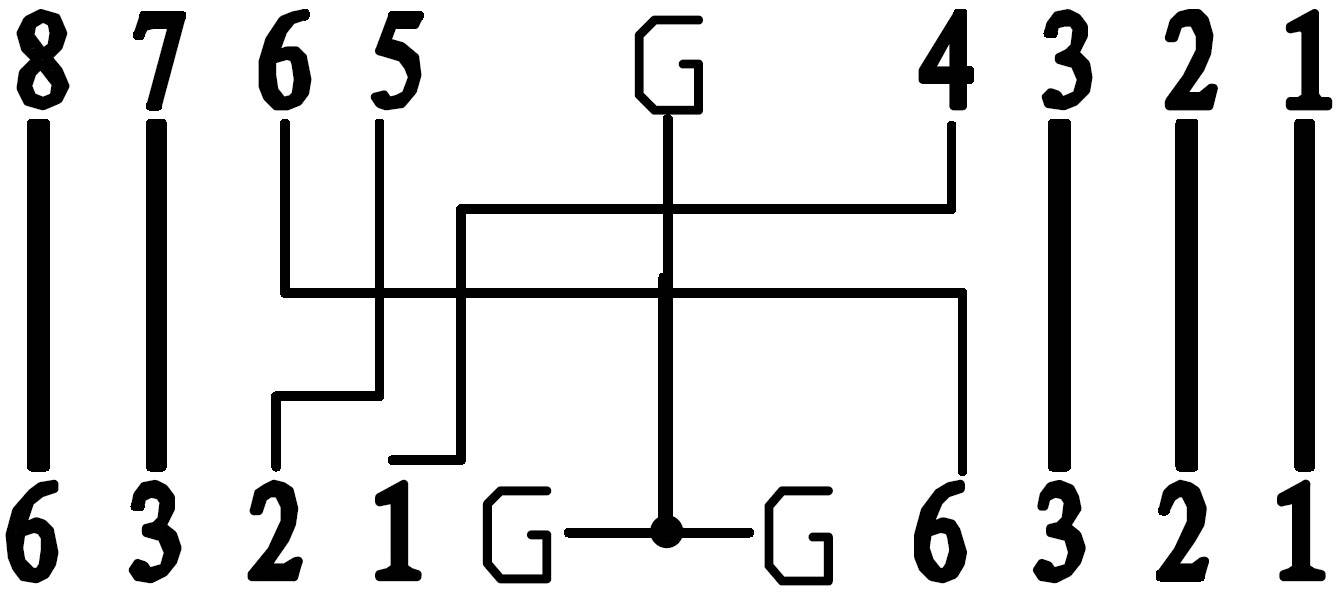Diagramme d'un schéma de boîte de vitesses manuelle à six rapports et marche arrière, représenté selon la configuration traditionnelle en H.