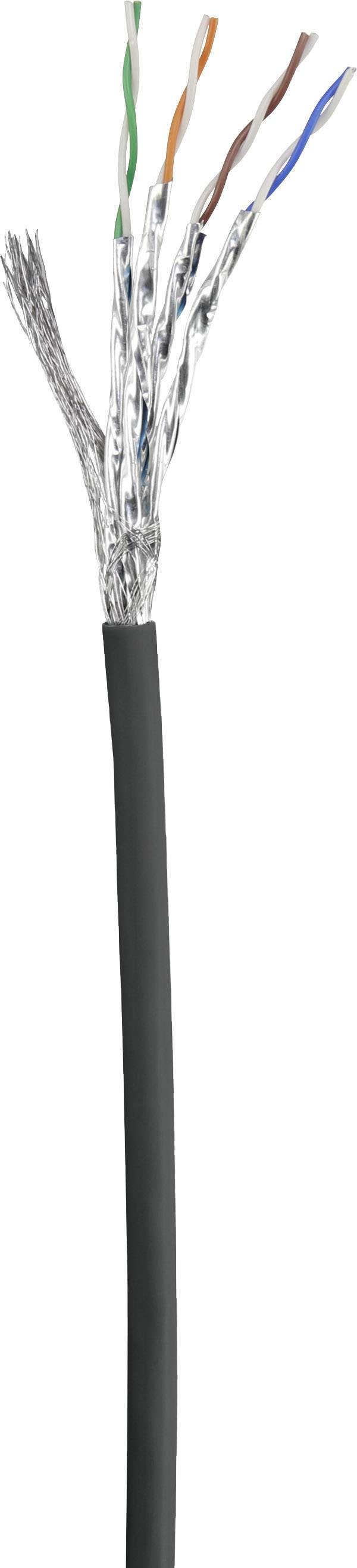 Câble gainé de noir avec plusieurs fils de couleurs : vert-blanc, orange-blanc, marron-blanc et bleu-blanc, sortant du câble.