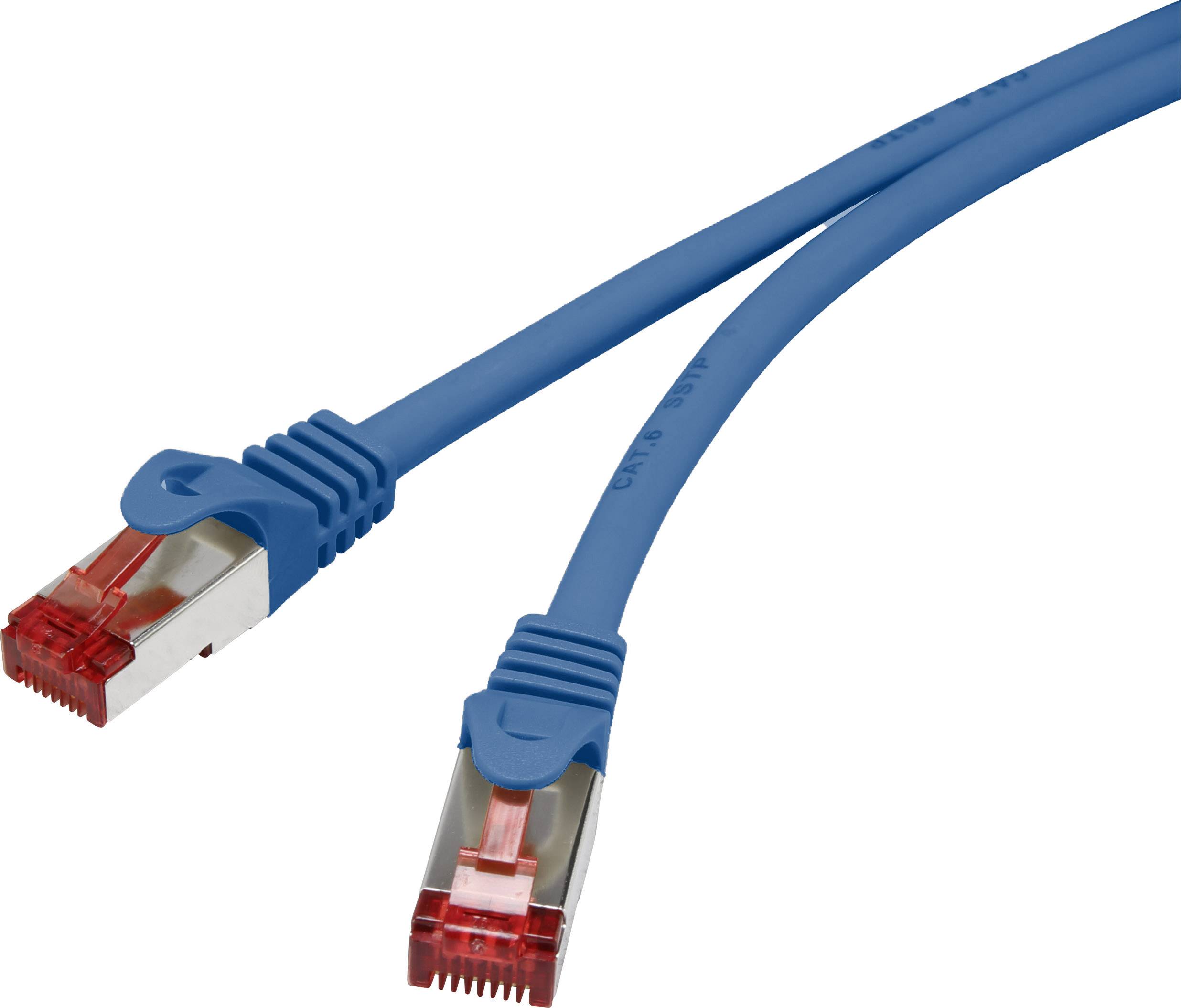Deux câbles Ethernet bleus avec des connecteurs rouges, utilisés pour les connexions réseau.