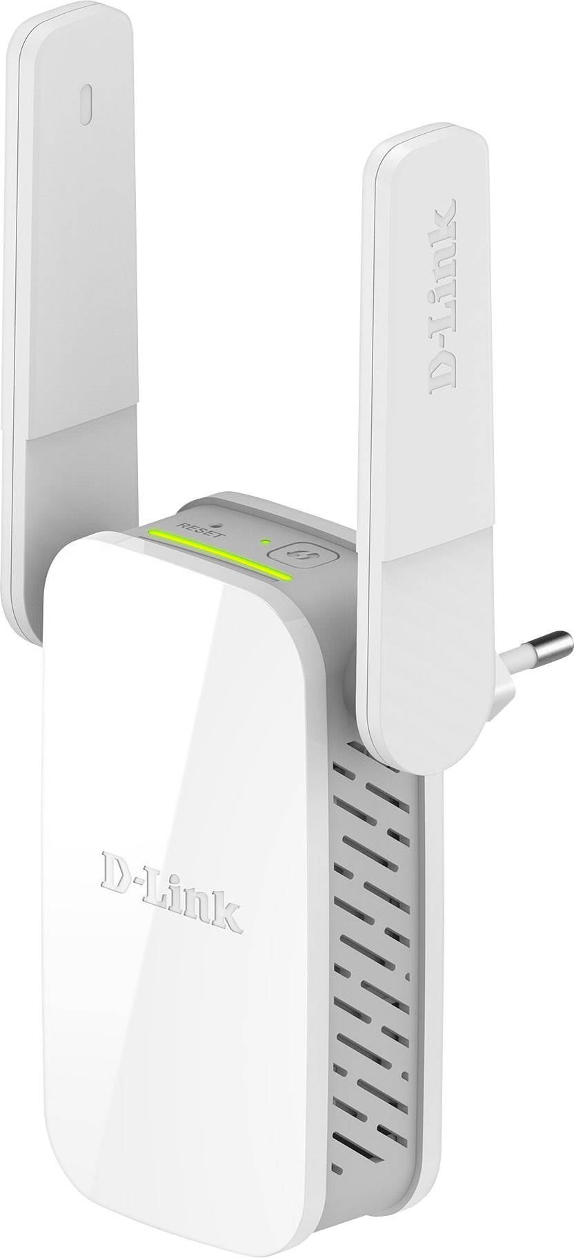 Un répéteur Wi-Fi blanc D-Link avec deux antennes, branché dans une prise électrique.