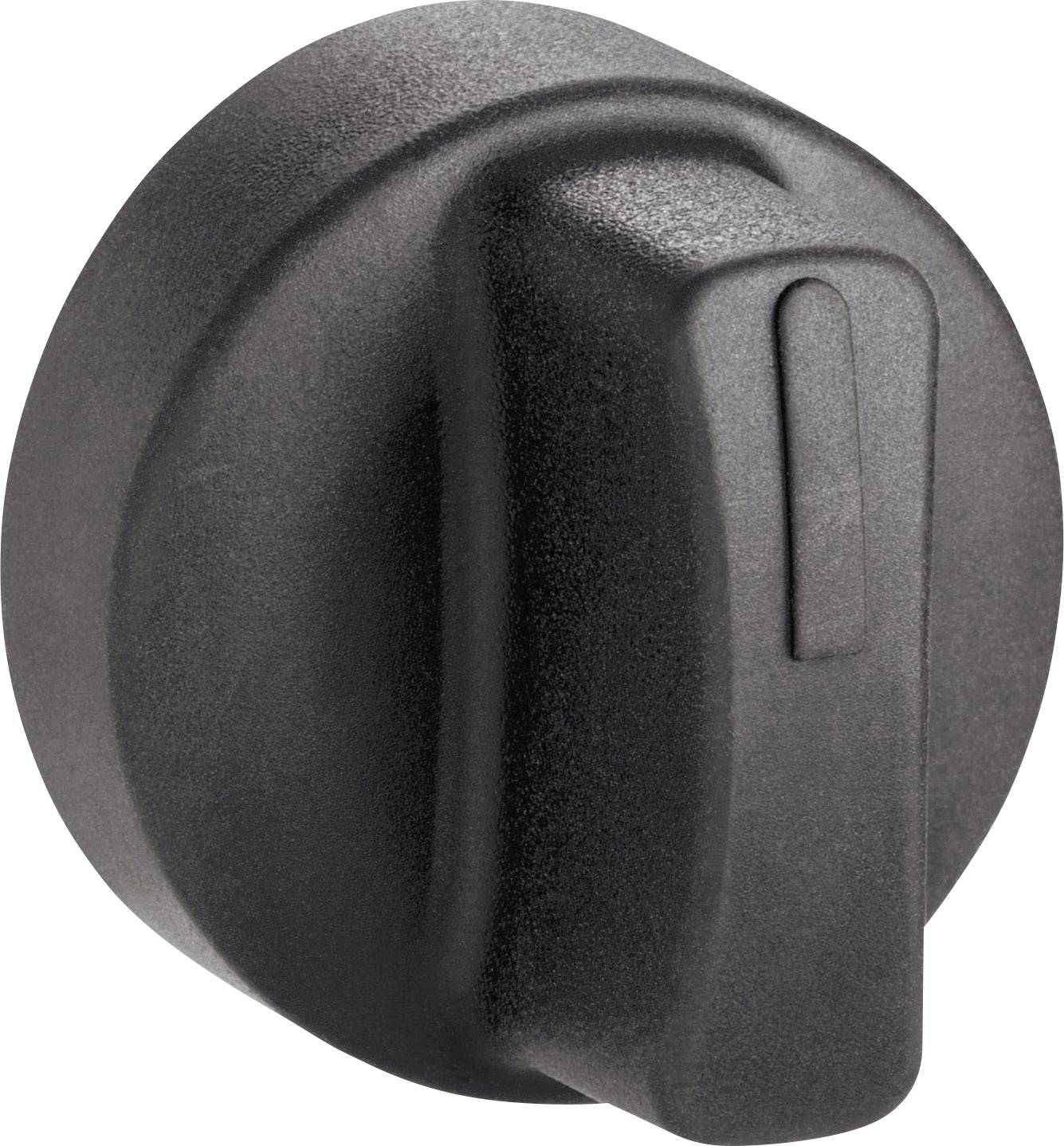 Un bouton rotatif noir, rond, avec une longue poignée, utilisé pour régler des appareils ou des machines.