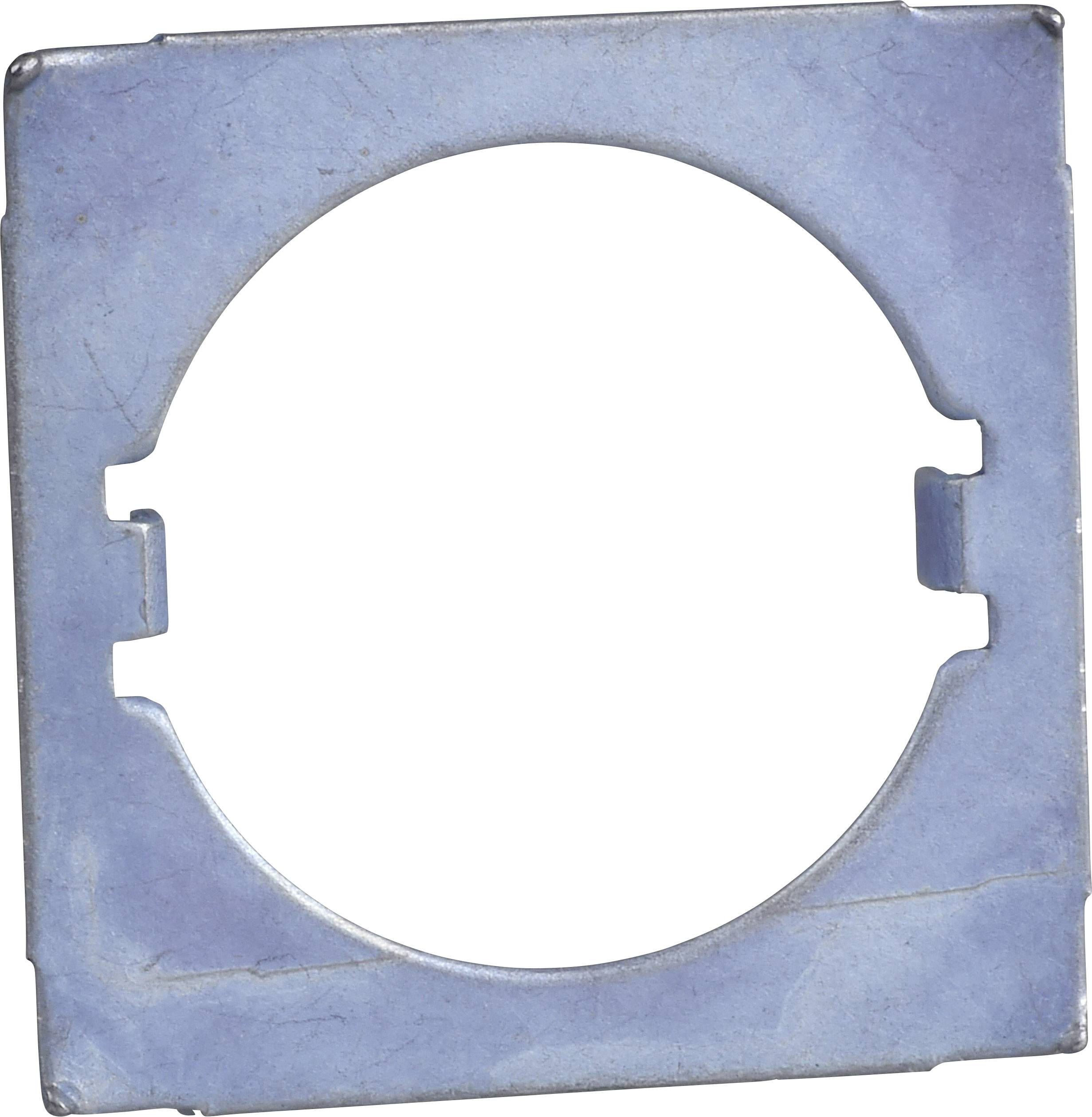 Cadre métallique avec découpe circulaire et trous de fixation, souvent utilisé pour les installations électriques et les dispositifs de commutation.
