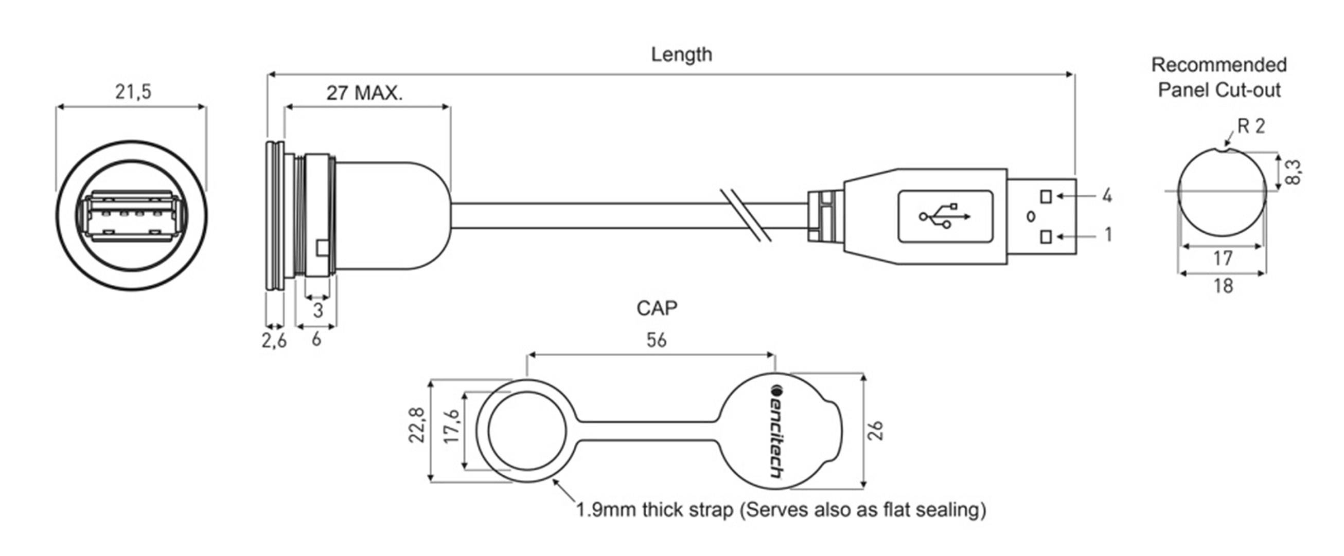 USB 2.0 type A embase femelle de chassis encitech 1310-1002-01 M16 1 pc(s)