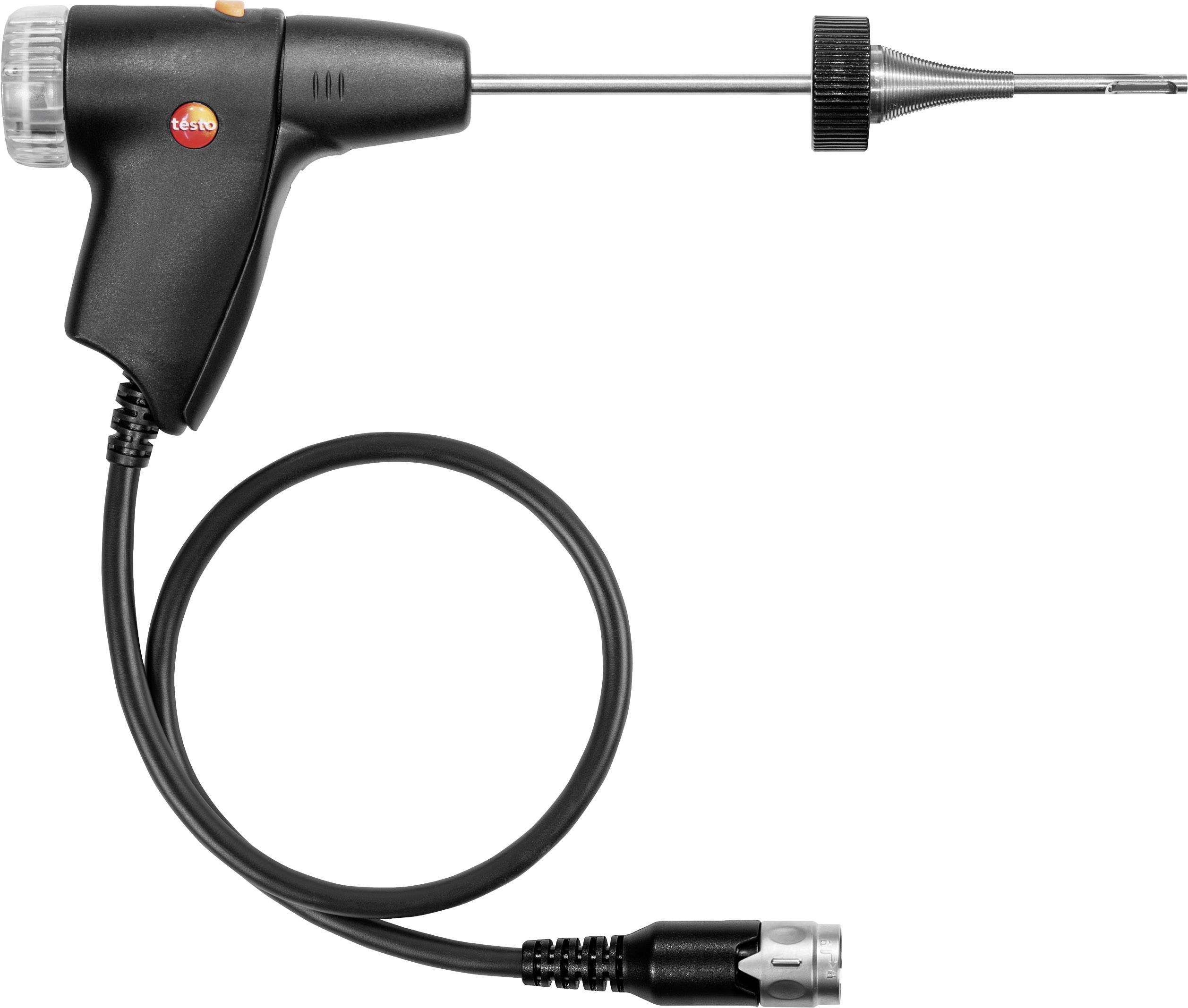 Un appareil de mesure noir avec un capteur long et fin pour la vérification de la température. Il dispose d'un câble spiralé avec un connecteur.