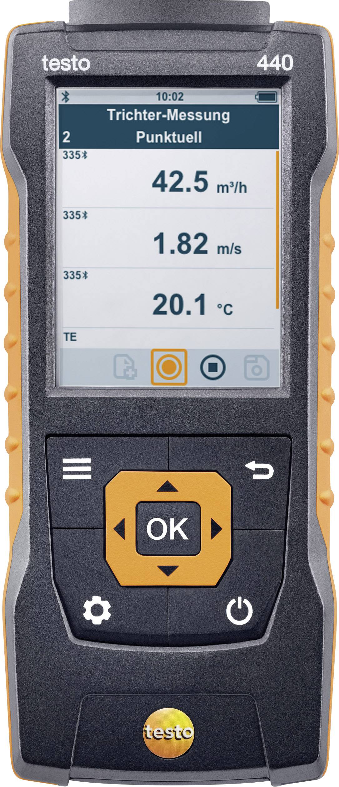 Appareil de mesure portable avec affichage : La mesure 'en entonnoir' indique des valeurs de 42,5 m/h, 1,82 m², 20,1 °C. Touches de commande en dessous.