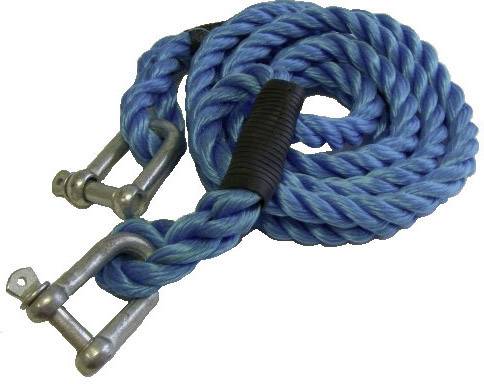 Une corde bleue et épaisse avec deux crochets métalliques argentés.