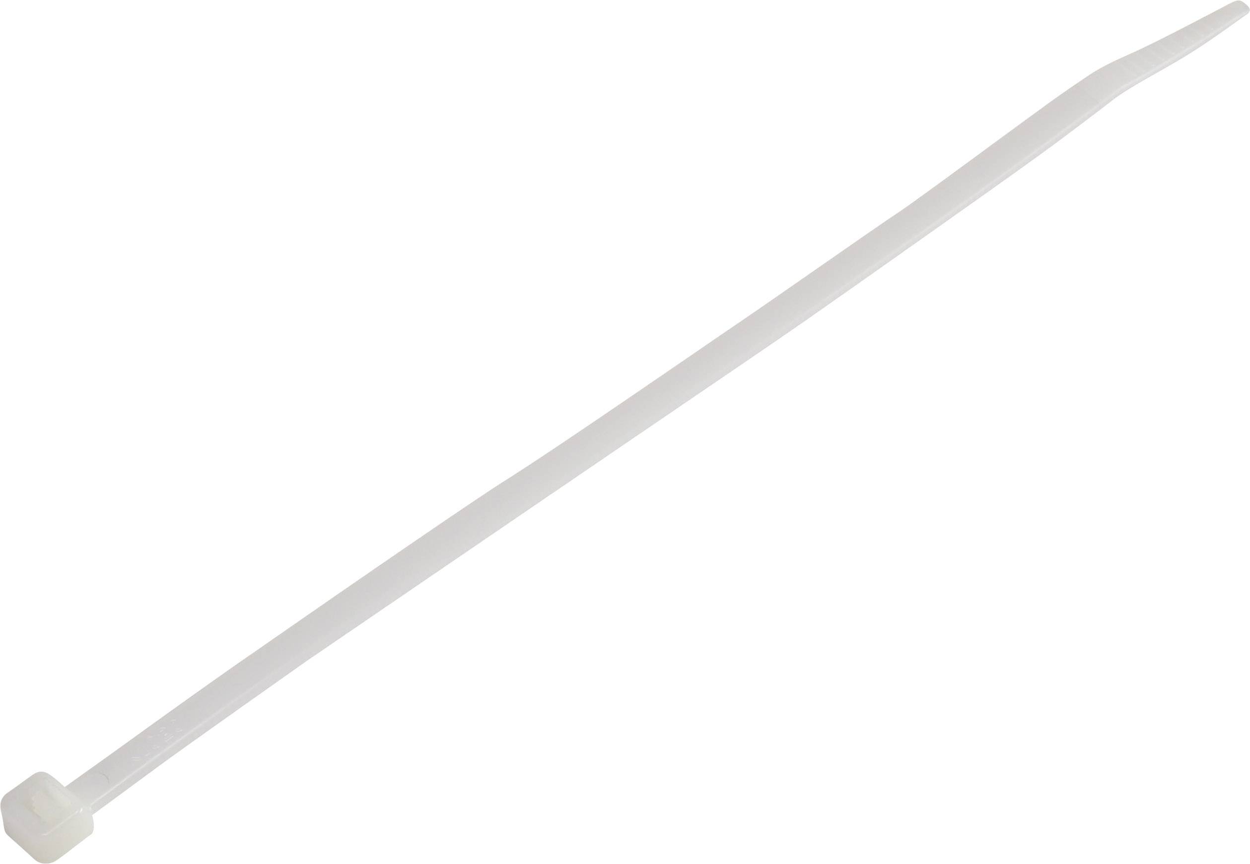 Un collier de serrage blanc, long et étroit, est posé sur une surface de fond blanche.