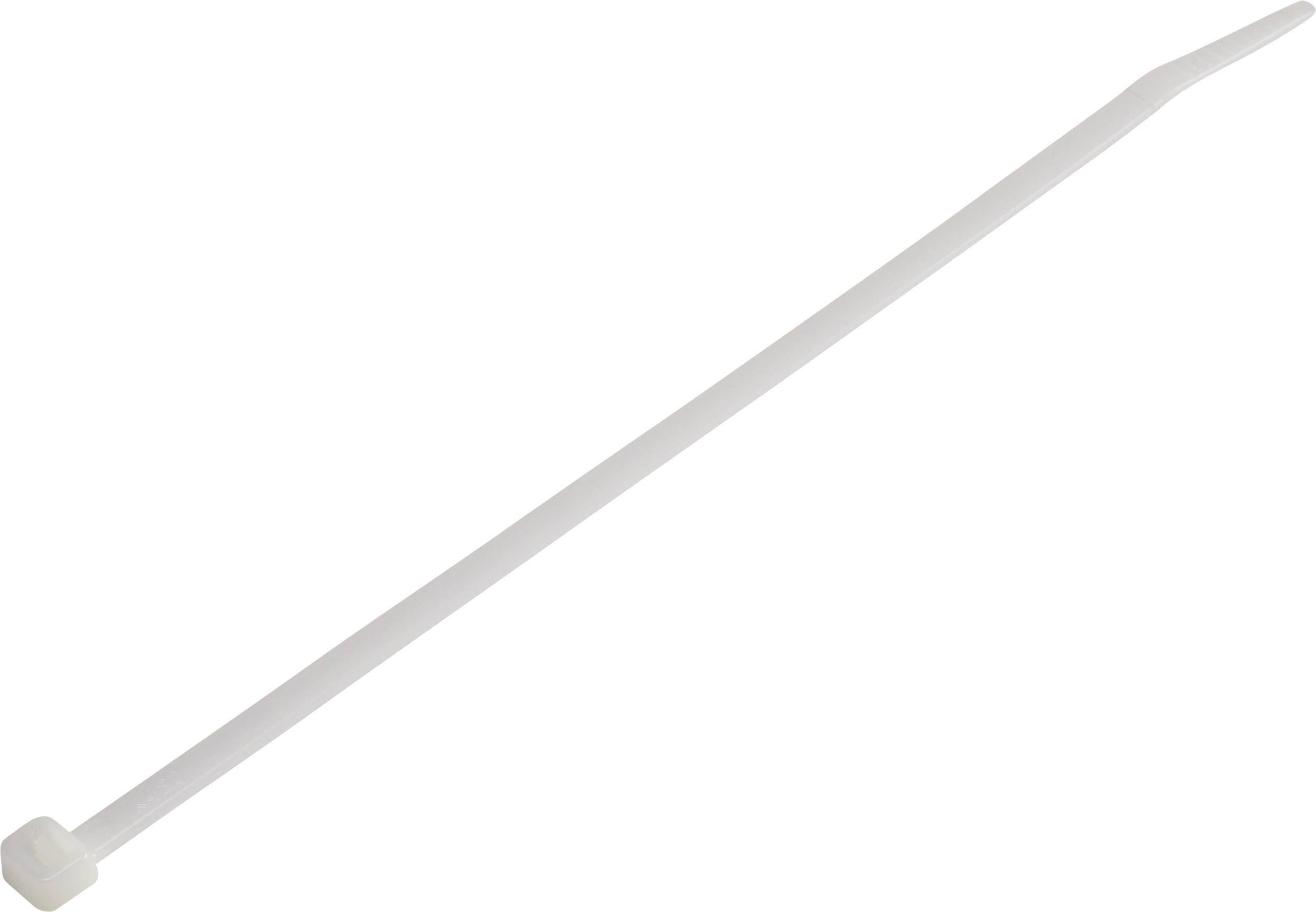 Un collier de serrage en plastique blanc, long et étroit, avec un mécanisme de verrouillage à une extrémité. Utilisé pour attacher et regrouper des câbles.