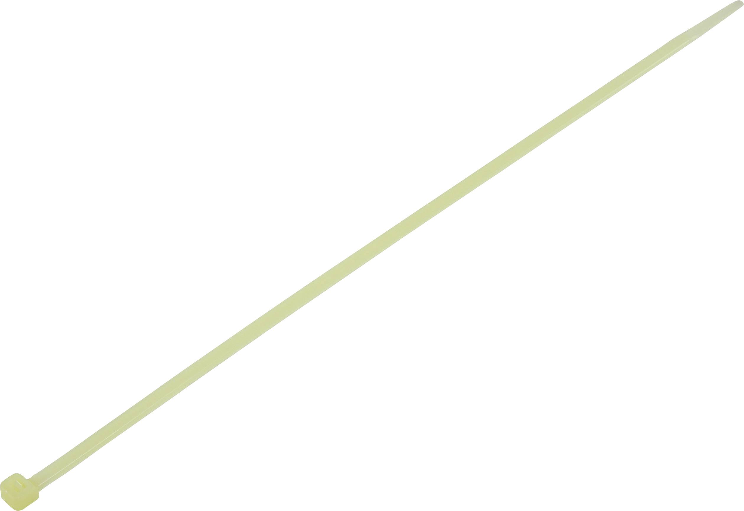 Un collier de serrage en plastique unique, de couleur jaune pâle, représenté sur un fond blanc.