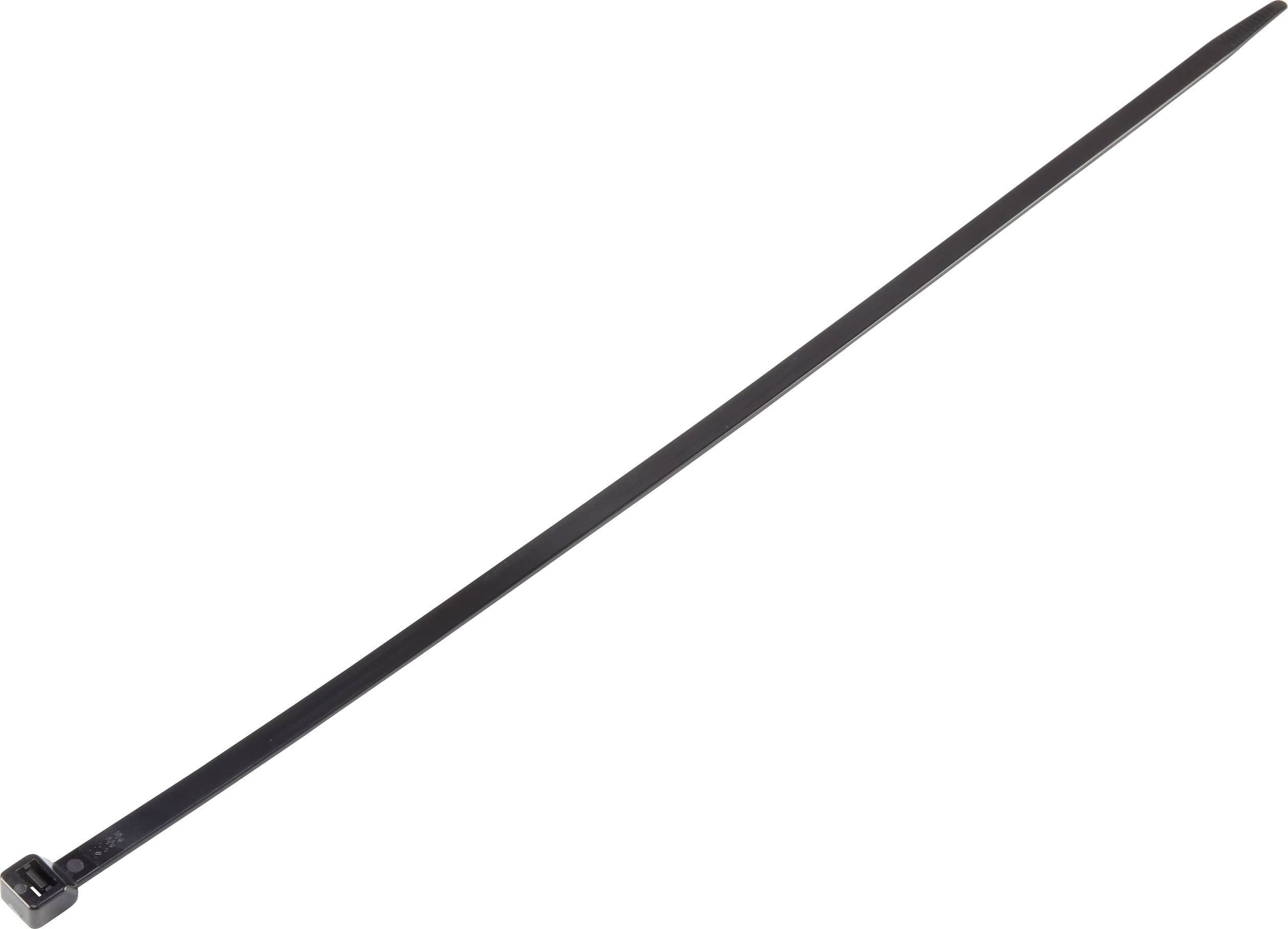 Un collier de serrage noir, long et fin, adapté pour regrouper ou fixer des câbles et des objets.