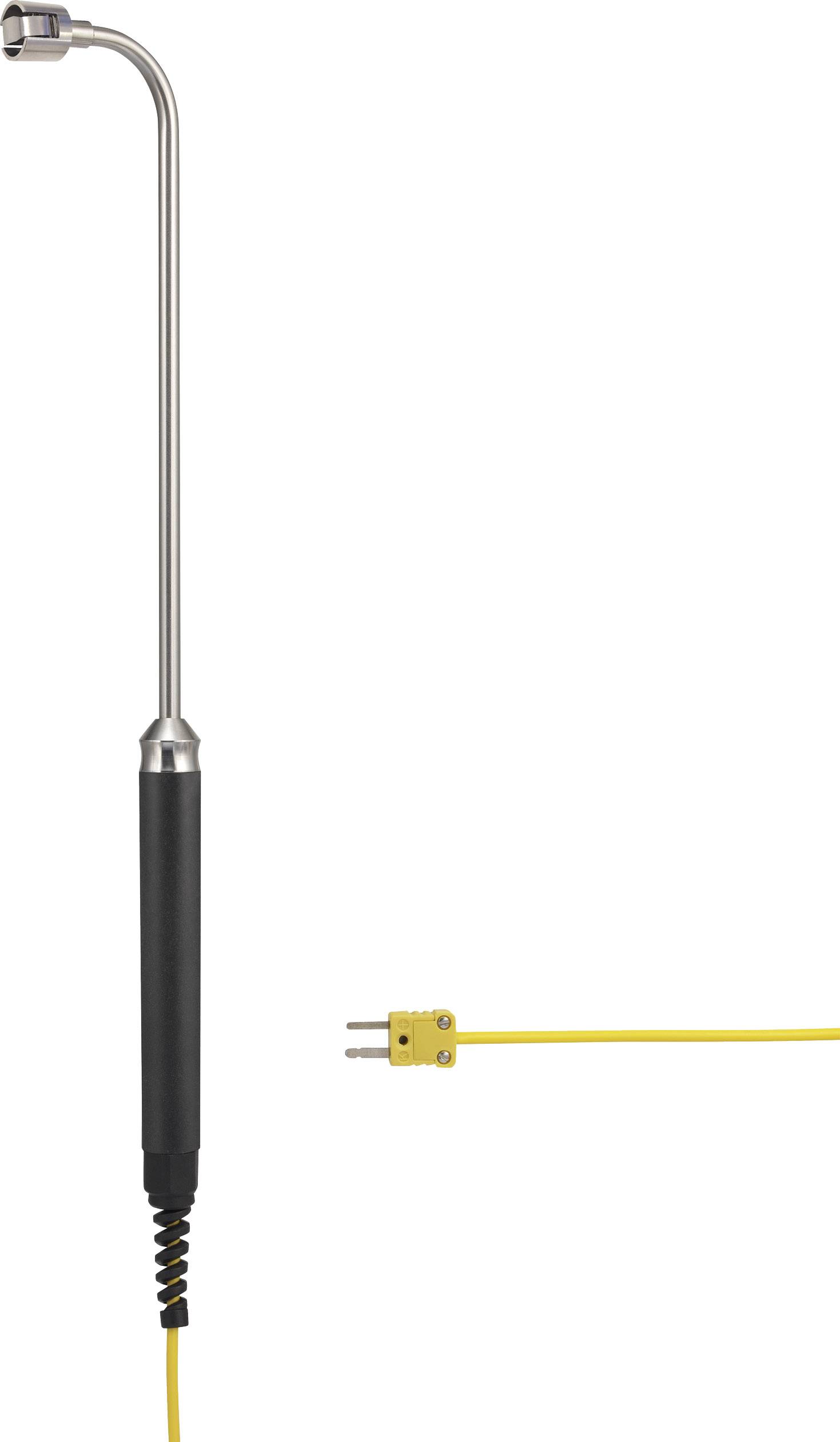 Un long thermomètre en métal avec une poignée noire et un câble de connexion jaune.